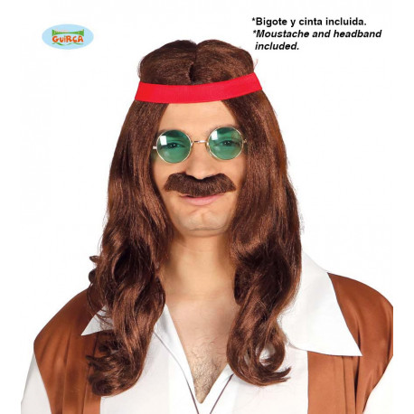 PELUCA HIPPIE CON BIGOTE (ENVASE CAJA)